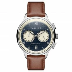 Best deal 🔔 Fawler Cicero | Silver-Tone With Blue Dial Vintage Chronograph Brown Leather ⌚ Watch ⭐