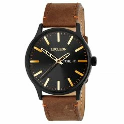 Budget ⭐ Lucleon Grover | Black Day-Date ⌚ Watch With Black Dial & Brown Leather Strap 🛒
