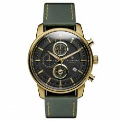 Buy 👍 Seizmont Parva | Gold-Tone Chronograph ⌚ Watch With Black Dial & Green Leather Strap 👍