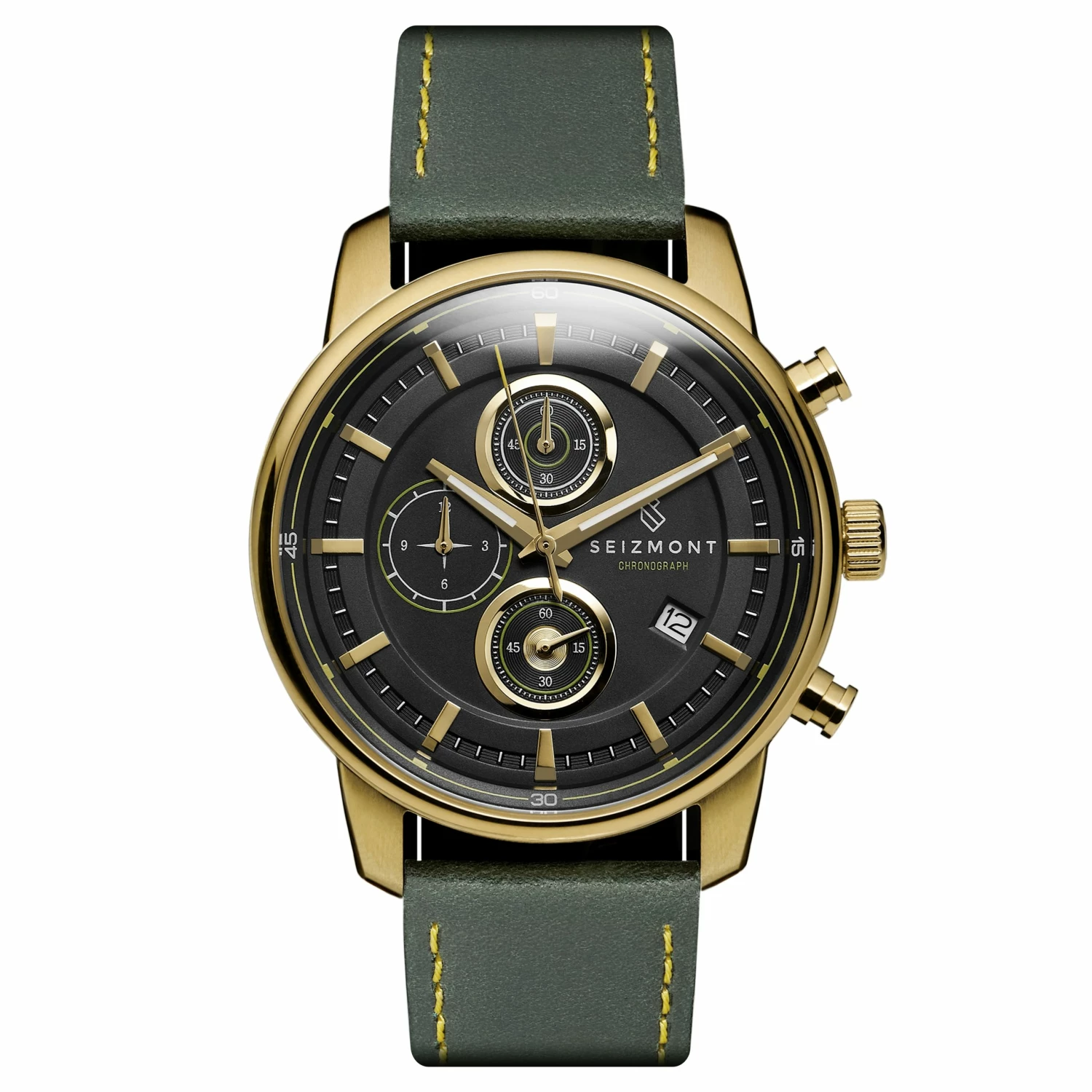 Buy π Seizmont Parva | Gold-Tone Chronograph β Watch With Black Dial & Green Leather Strap π 3 Buy π Seizmont Parva | Gold-Tone Chronograph β Watch With Black Dial & Green Leather Strap π