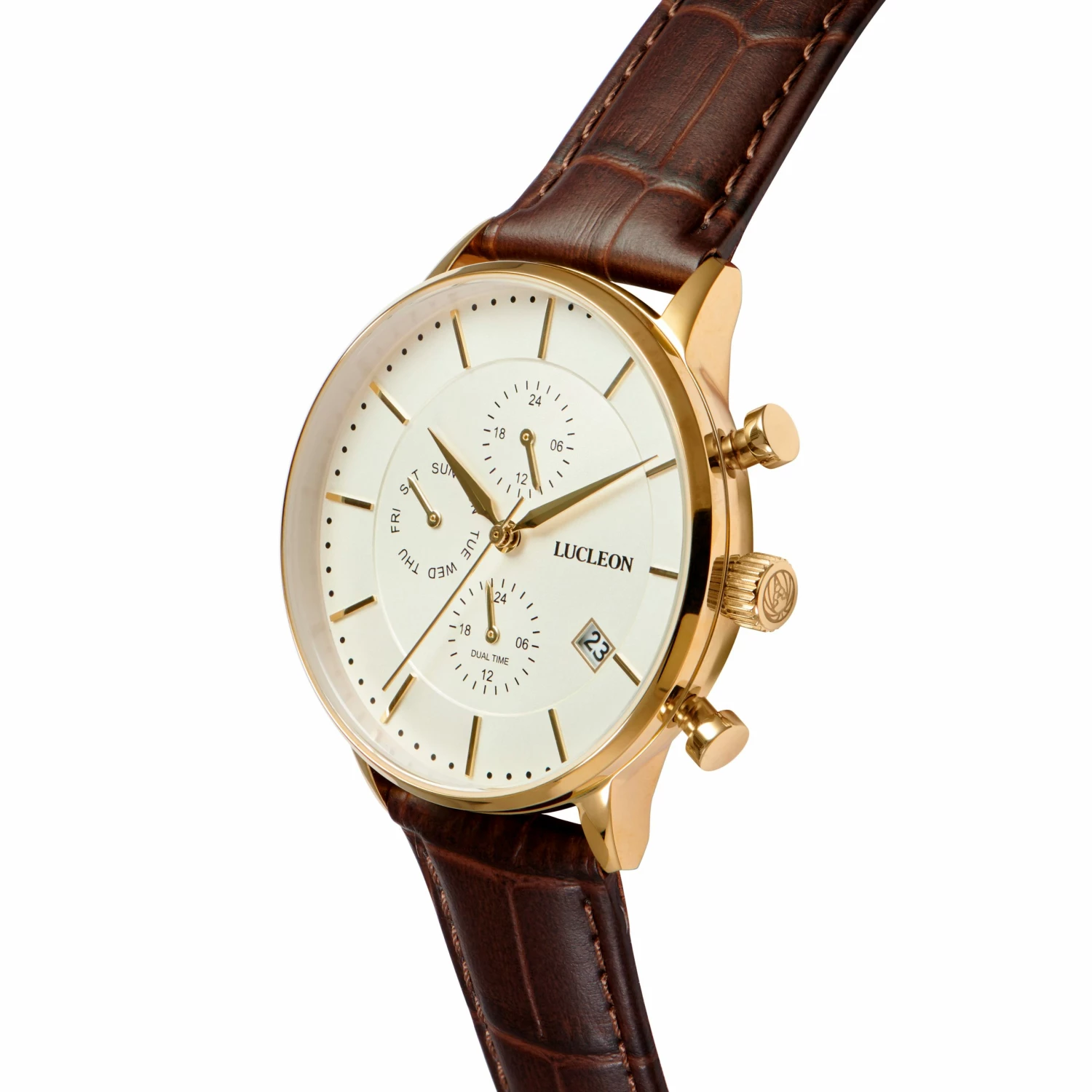Best deal π Lucleon Ternion | Gold-Tone Dual-Time β Watch With White Dial & Rust Leather Strap π 4 Best deal π Lucleon Ternion | Gold-Tone Dual-Time β Watch With White Dial & Rust Leather Strap π - Image 2