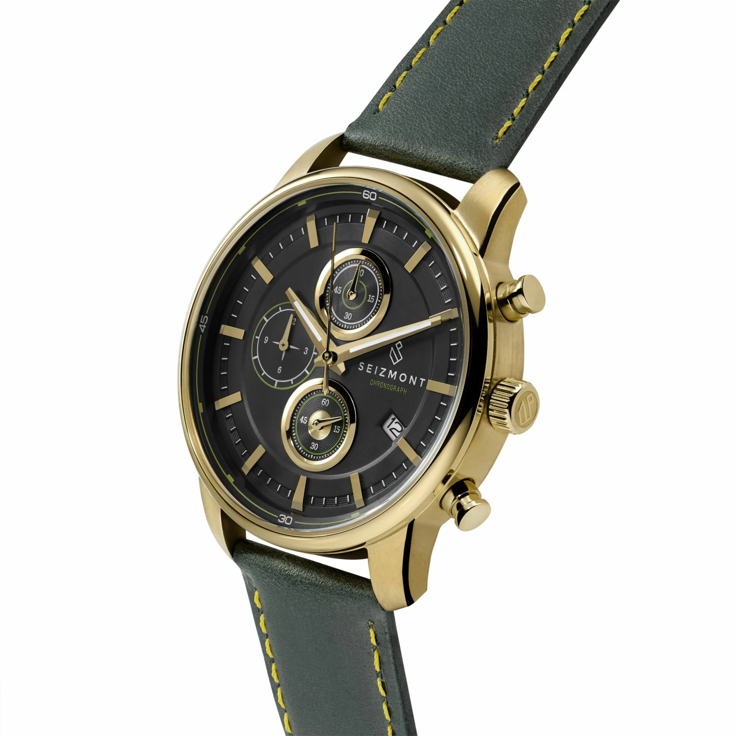 Buy π Seizmont Parva | Gold-Tone Chronograph β Watch With Black Dial & Green Leather Strap π 4 Buy π Seizmont Parva | Gold-Tone Chronograph β Watch With Black Dial & Green Leather Strap π - Image 2