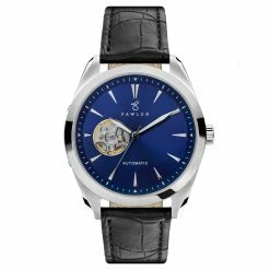 Best deal 💯 Fawler Fenes | Silver-Tone Open-heart Skeleton ⌚ Watch With Blue Dial & Black Leather Strap 😀