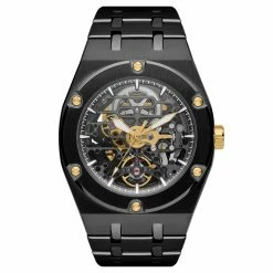 Deals 🔥 Arkai Mamut | Black Stainless Steel Automatic Skeleton ⌚ Watch With Gold Movement ⌛