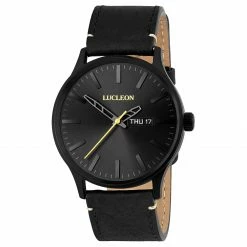 Wholesale 🎁 Lucleon Grover | Black & Pale Yellow Day-Date ⌚ Watch With Black Dial & Black Leather Strap 🧨