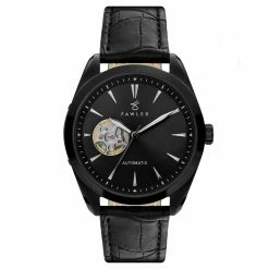 Cheap 💯 Fawler Fenes | Black Open-heart Skeleton ⌚ Watch With Black Dial & Black Leather Strap 😍