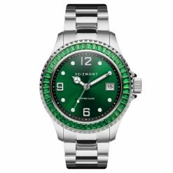 Best deal 🧨 Seizmont Tide | Silver-Tone Stainless Steel ⌚ Watch With Bold Green Dial & Green Jewelled Bezel 🎁