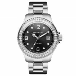 Cheap ❤️ Seizmont Tide | Silver-Tone Stainless Steel ⌚ Watch With Black Dial & Clear Jewelled Bezel 😍