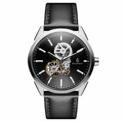 Best Sale ✔️ Seizmont Cor | Silver-Tone Stainless Steel Skeleton ⌚ Watch With Black Dial ✔️