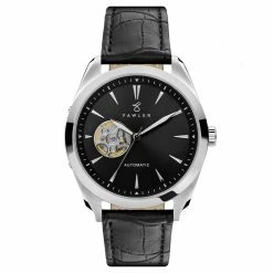 Promo โ Fawler Fenes | Silver-Tone Open-heart Skeleton โ Watch With Black Dial & Black Leather Strap ๐
