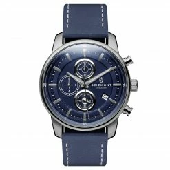 Best Pirce ❤️ Seizmont Parva | Silver-Tone Chronograph ⌚ Watch With Navy Blue Dial & Blue Leather Strap 🤩