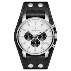 Wholesale 🥰 Seizmont Iphios | Black and White Leather Cuff Stainless Steel Chronograph ⌚ Watch 🎁