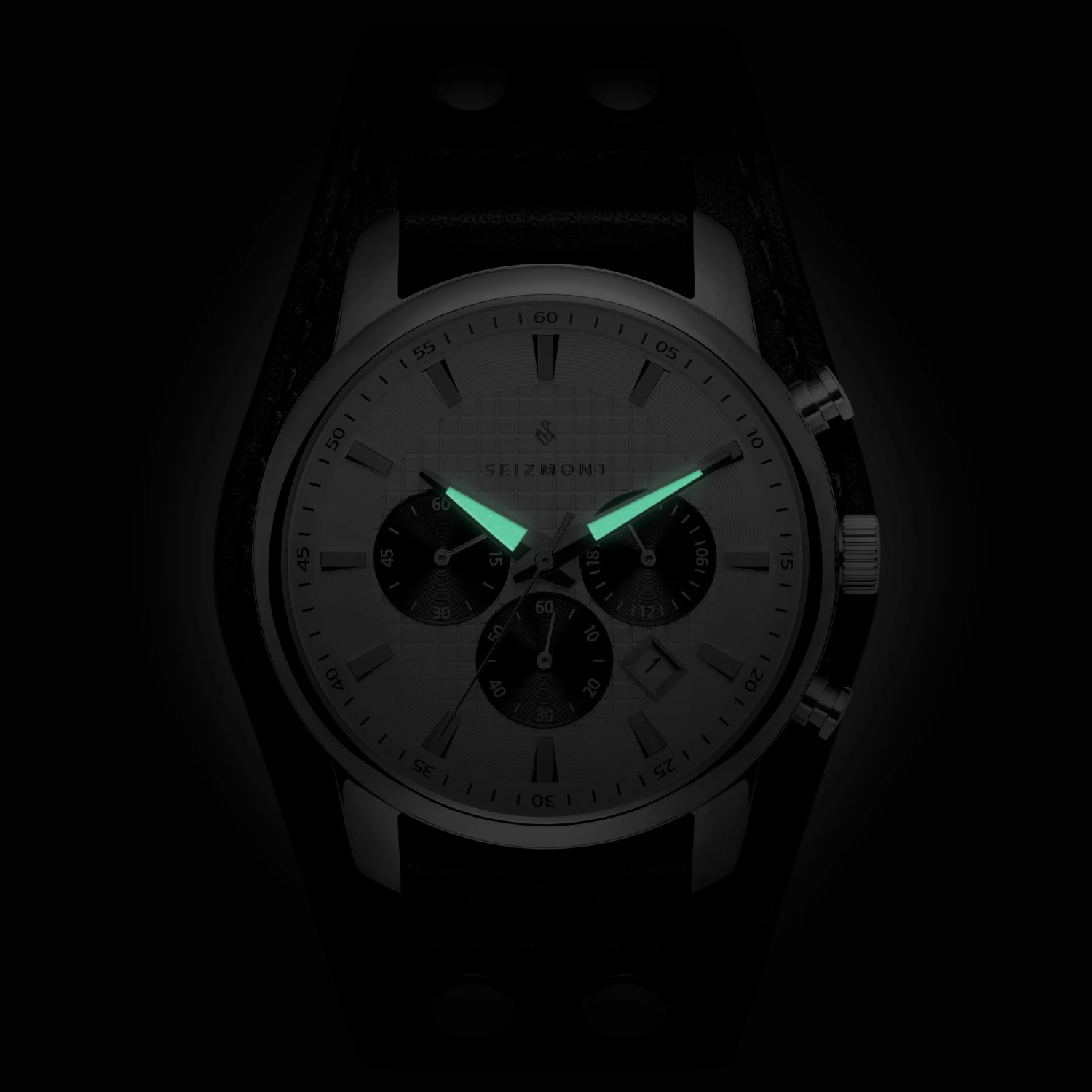 Wholesale π₯° Seizmont Iphios | Black and White Leather Cuff Stainless Steel Chronograph β Watch π 4 Wholesale π₯° Seizmont Iphios | Black and White Leather Cuff Stainless Steel Chronograph β Watch π - Image 2