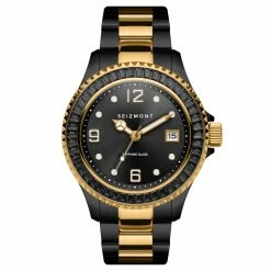 Budget ✨ Seizmont Tide | Gold-Tone & Black Stainless Steel ⌚ Watch With Black Dial & Black Jewelled Bezel 😍