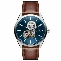 Outlet ๐ Seizmont Cor | Silver-Tone Automatic Skeleton โ Watch With Blue Dial & Brown Leather Strap ๐