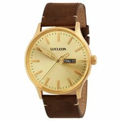 Outlet ⌛ Lucleon Grover | Gold-Tone Day-Date ⌚ Watch With Gold-Tone Dial & Brown Leather Strap 🧨