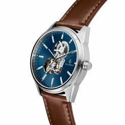 Outlet 🔔 Seizmont Cor | Silver-Tone Automatic Skeleton ⌚ Watch With Blue Dial & Brown Leather Strap 😀 -WATCHES FOR MEN Sales 5 2 2e8d9d7e18b27f2cd57148f6746bf003