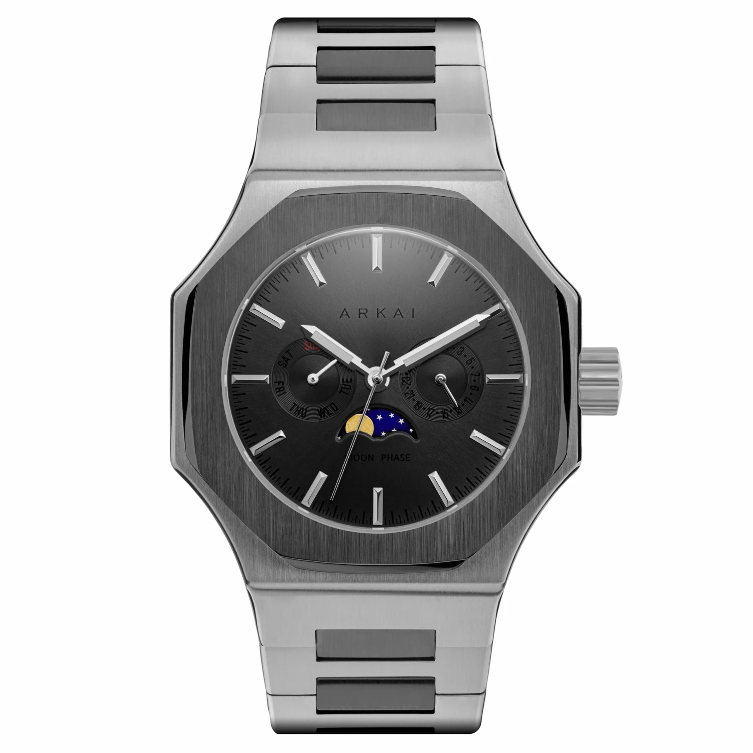 Promo ๐ Arkai Mace | Limited Edition Silver-Tone & Gunmetal Stainless Steel Moonphase โ Watch ๐งจ 3 Promo ๐ Arkai Mace | Limited Edition Silver-Tone & Gunmetal Stainless Steel Moonphase โ Watch ๐งจ