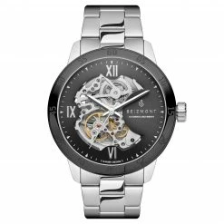 Best Sale 🥰 Seizmont Dante II | Silver-Tone & Black Stainless Steel Skeleton ⌚ Watch With Black Dial 🔔