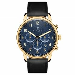Cheap 🧨 Fawler Pluto | Gold-Tone Chronograph ⌚ Watch With Blue Dial & Black Leather Strap 🎉