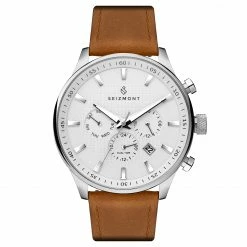 Cheap ⌛ Seizmont Troika II | Silver-Tone Dual-Time ⌚ Watch With White Dial, Silver-Tone Markers & Brown Leather Strap 🧨