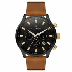 Cheap ❤️ Seizmont Troika II | Black Dual-Time ⌚ Watch With Black Dial & Golden Brown Leather Strap ⭐