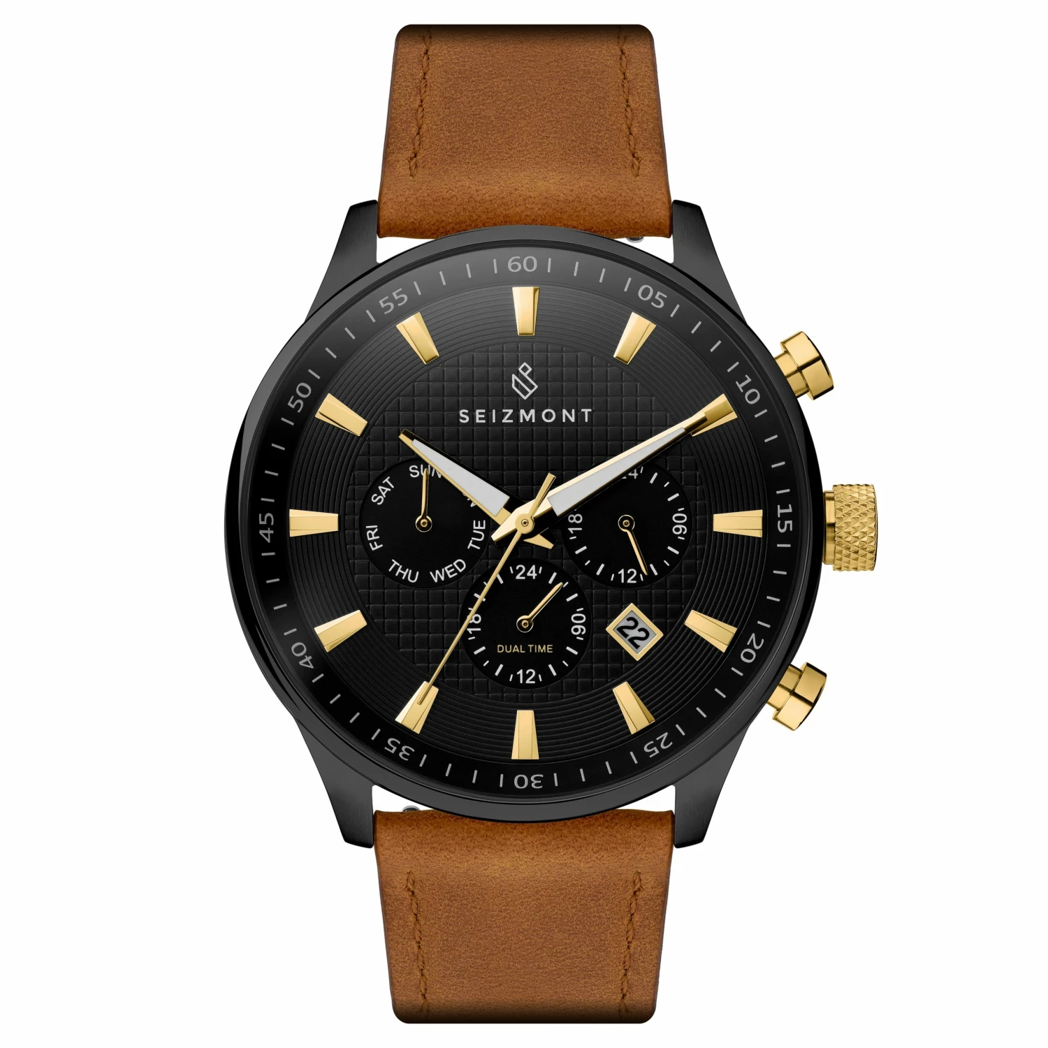Cheap ❤️ Seizmont Troika II | Black Dual-Time ⌚ Watch With Black Dial & Golden Brown Leather Strap ⭐ 3 Cheap ❤️ Seizmont Troika II | Black Dual-Time ⌚ Watch With Black Dial & Golden Brown Leather Strap ⭐