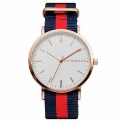 Best Pirce ❤️ Seizmont Moment | Rose Gold-Tone Minimalist 👗 Dress ⌚ Watch With White Dial & Blue & Red Striped Nylon Strap 😍