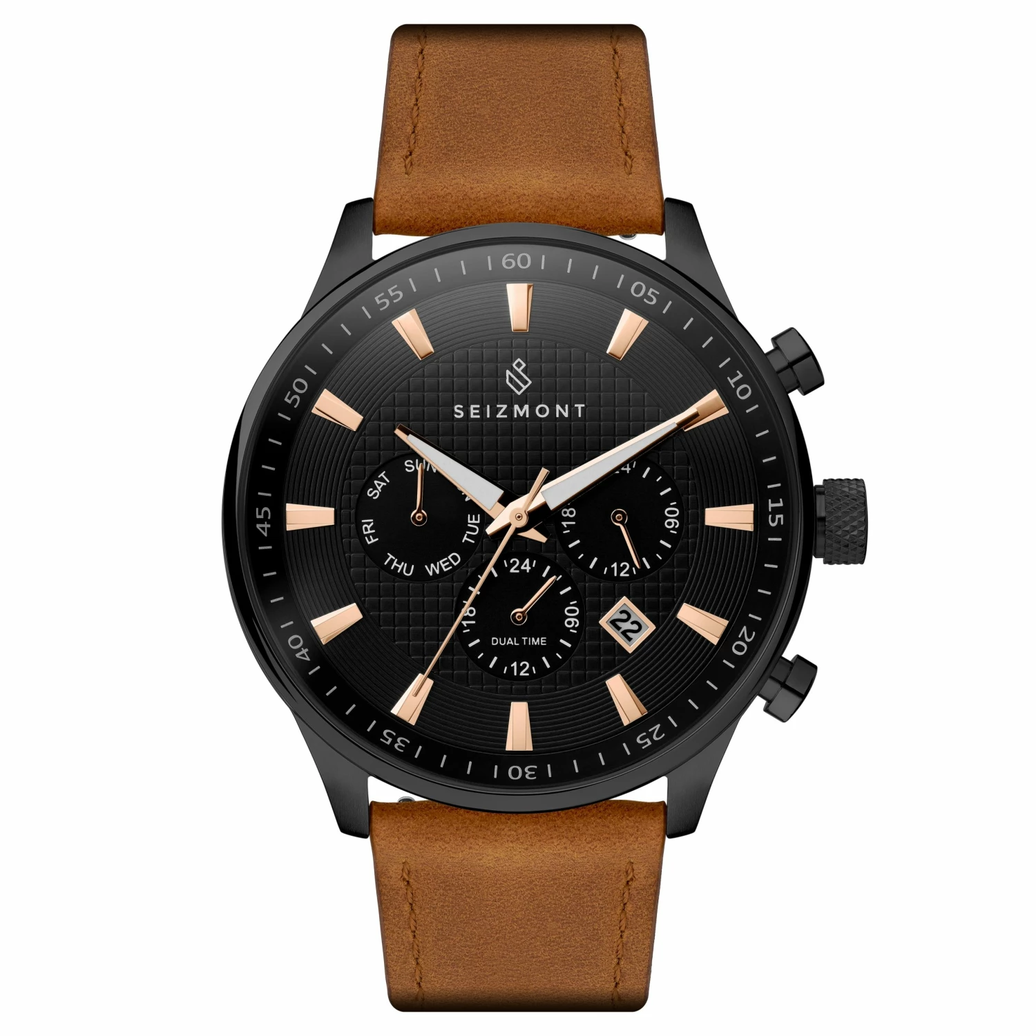 Deals ⌛ Seizmont Troika II | Black Dual-Time ⌚ Watch With Black Dial, Copper Markers & Brown Leather Strap 👏 3 Deals ⌛ Seizmont Troika II | Black Dual-Time ⌚ Watch With Black Dial, Copper Markers & Brown Leather Strap 👏