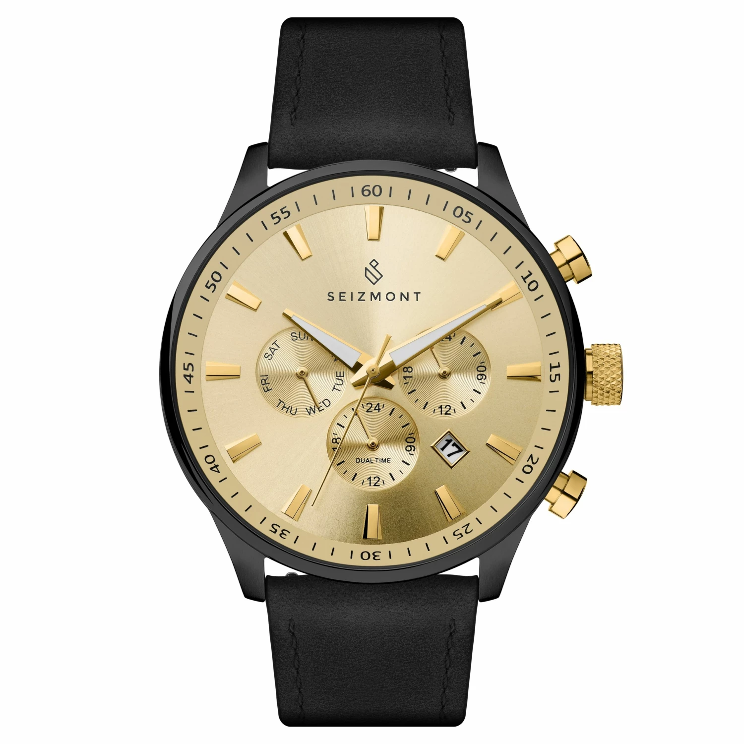 Deals π Seizmont Troika II | Black Dual-Time β Watch With Gold-Tone Dial & Black Leather Strap π 3 Deals π Seizmont Troika II | Black Dual-Time β Watch With Gold-Tone Dial & Black Leather Strap π