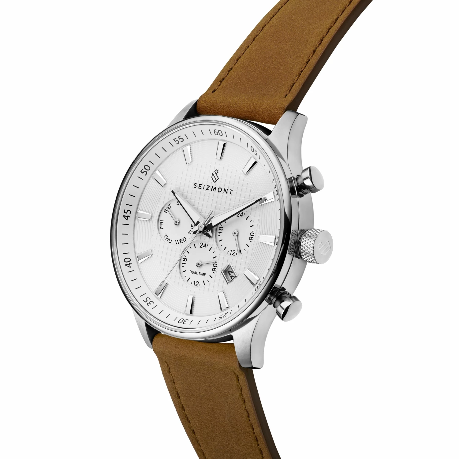 Cheap โ Seizmont Troika II | Silver-Tone Dual-Time โ Watch With White Dial, Silver-Tone Markers & Brown Leather Strap ๐งจ 4 Cheap โ Seizmont Troika II | Silver-Tone Dual-Time โ Watch With White Dial, Silver-Tone Markers & Brown Leather Strap ๐งจ - Image 2
