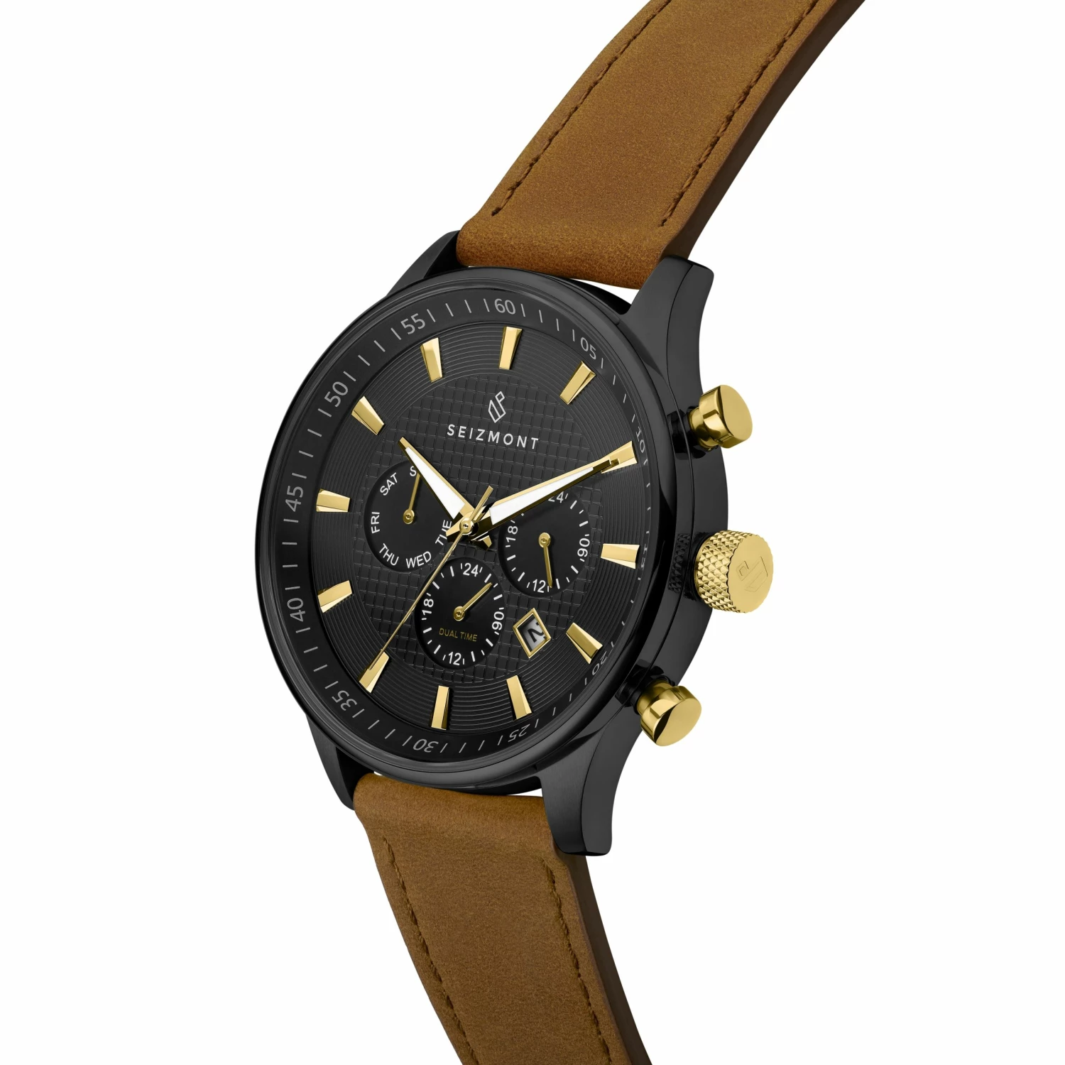 Cheap ❤️ Seizmont Troika II | Black Dual-Time ⌚ Watch With Black Dial & Golden Brown Leather Strap ⭐ 4 Cheap ❤️ Seizmont Troika II | Black Dual-Time ⌚ Watch With Black Dial & Golden Brown Leather Strap ⭐ - Image 2