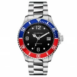 Promo 🤩 Seizmont Tide | Silver-Tone, Blue & Red Stainless Steel Dive ⌚ Watch With Black Dial 👍