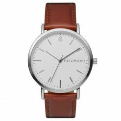 Outlet ๐ Seizmont Moment | Silver-Tone Minimalist ๐ Dress โ Watch With White Dial & Rust Leather Strap โค๏ธ