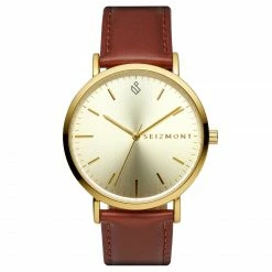 Best deal 🔔 Seizmont Moment | Gold-Tone Minimalist 👗 Dress ⌚ Watch With Gold-Tone Dial & Rust Leather Strap 🎉