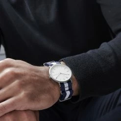 Budget 🎉 Seizmont Moment | Silver-Tone Minimalist 👗 Dress ⌚ Watch With White Dial & Blue & White Striped Nylon Strap 🌟 -WATCHES FOR MEN Sales jwm megashoot watch 1 20537