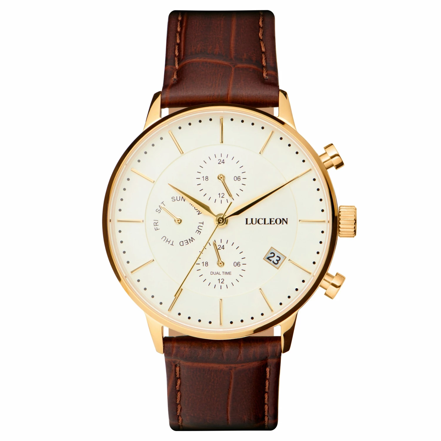 Best deal π Lucleon Ternion | Gold-Tone Dual-Time β Watch With White Dial & Rust Leather Strap π 3 Best deal π Lucleon Ternion | Gold-Tone Dual-Time β Watch With White Dial & Rust Leather Strap π