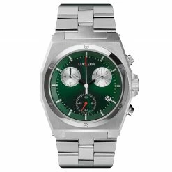 Brand new ⭐ Lucleon Ray | Silver-Tone Stainless Steel Chronograph ⌚ Watch With Green Dial ✔️