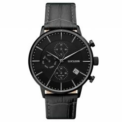 Coupon ๐ Lucleon Ternion | Black Dual-Time โ Watch With Black Dial & Black Leather Strap ๐ฅฐ