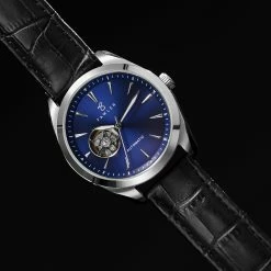 Best deal 💯 Fawler Fenes | Silver-Tone Open-heart Skeleton ⌚ Watch With Blue Dial & Black Leather Strap 😀 -WATCHES FOR MEN Sales rel fnssw 23302 1x1 1