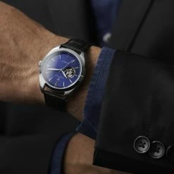 Best deal 💯 Fawler Fenes | Silver-Tone Open-heart Skeleton ⌚ Watch With Blue Dial & Black Leather Strap 😀 -WATCHES FOR MEN Sales rel fnssw 23302 1x1 bj rnvalentin 1