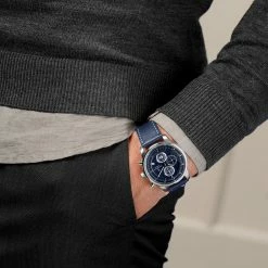Best Pirce ❤️ Seizmont Parva | Silver-Tone Chronograph ⌚ Watch With Navy Blue Dial & Blue Leather Strap 🤩 -WATCHES FOR MEN Sales rst megashoot 0 3 parvawatch blue22023 bjarkejohansen 2