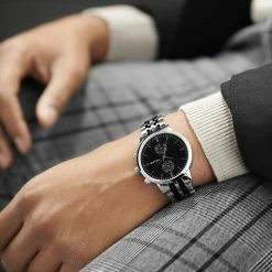 Flash Sale ✔️ Lucleon Kellan | Silver-Tone & Black Stainless Steel Dual-Time ⌚ Watch With Black Dial 🎁 -WATCHES FOR MEN Sales rst megashoot 3 0 watch 22161 nathanwilliams 2