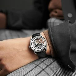 Wholesale 😉 Seizmont Motus | Silver-Tone Automatic Skeleton ⌚ Watch With Black Leather Strap 👏 -WATCHES FOR MEN Sales rst megashoot 3 0 watch 22508 nathanwilliams 2 1