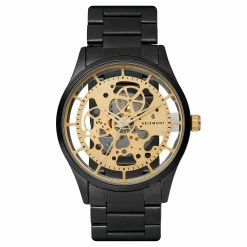 Best Sale 😉 Seizmont Phantom | Black Stainless Steel Skeleton ⌚ Watch With Gold-Tone Dial 🎉