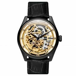 Cheapest 🔥 Seizmont Motus | Black Stainless Steel Skeleton ⌚ Watch With Gold-Tone Movement & Black Leather Strap ⭐