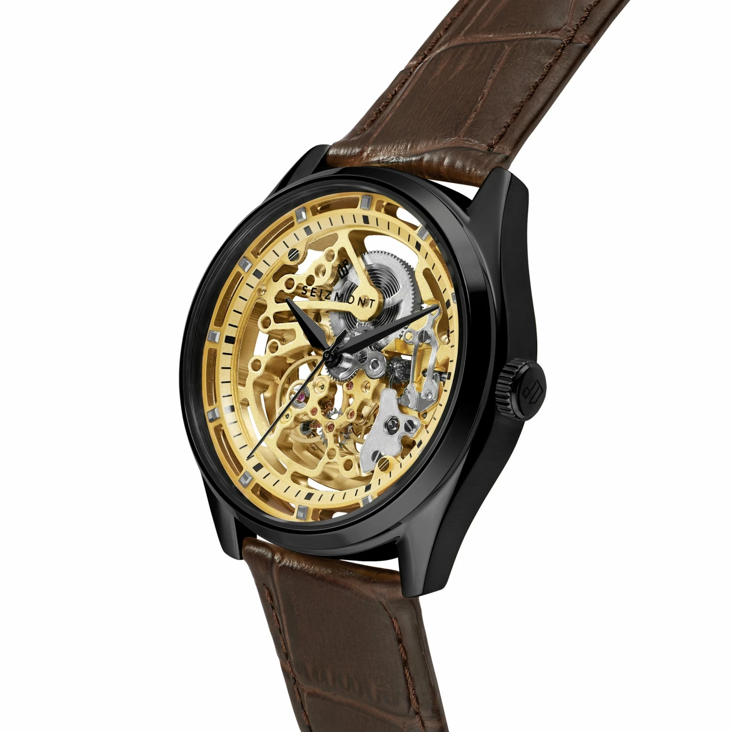 Cheapest ❤️ Seizmont Motus | Black Automatic Skeleton ⌚ Watch With Gold-Tone Movement & Brown Leather Strap ✔️ 4 Cheapest ❤️ Seizmont Motus | Black Automatic Skeleton ⌚ Watch With Gold-Tone Movement & Brown Leather Strap ✔️ - Image 2
