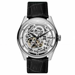 Wholesale ๐ Seizmont Motus | Silver-Tone Automatic Skeleton โ Watch With Black Leather Strap ๐