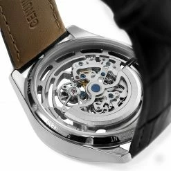 Wholesale 😉 Seizmont Motus | Silver-Tone Automatic Skeleton ⌚ Watch With Black Leather Strap 👏 -WATCHES FOR MEN Sales soren motus automatic silver silver black 4