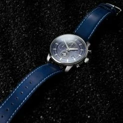 Best Pirce ❤️ Seizmont Parva | Silver-Tone Chronograph ⌚ Watch With Navy Blue Dial & Blue Leather Strap 🤩 -WATCHES FOR MEN Sales ste ig seizmont watch 6 22023 copy